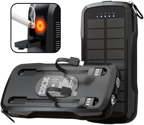 Portable Solar Power Bank 10,000 m Ah – Dual Built-in Cables & Fast 15 W Wireless Charging – Eco-Friendly Design with Cigarette Lighter & 3 LED Flashlight Modes – Perfect for Camping, Emergencies & Everyday Use – Ideal Gift for All Occasions