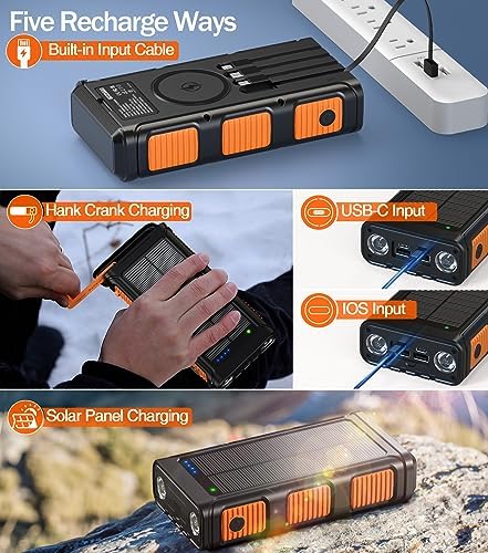 Ultimate 45800 m Ah Solar Wireless Power Bank with Hand Crank & Fast Charging – 7 Outputs, 4 Inputs, SOS Flashlight & Compass for Outdoor Adventures and Emergency Preparedness