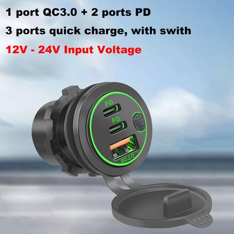 18 W Triple Port USB Car Charger with Switch – Quick Charge 3.0 & Dual PD USB-C Dashboard Mount for Cars, Trucks, and Boats – Energy Efficient Blue Charging Solution for All Your Devices on the Go