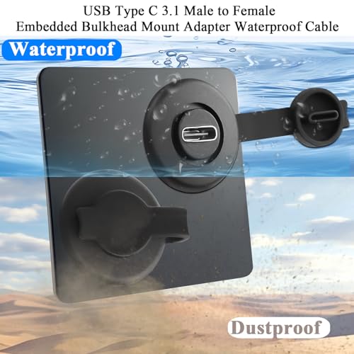 QIANRENON 10 Gbps USB C 3.1 Fixed Mount Waterproof Connector – High-Speed 60 W Charging & 4 K Video Adapter for Furniture, Cars, and RVs | 30 cm (11.8 in) Durable Threaded Bulkhead Cable for Enhanced Data Transfer and Compatibility