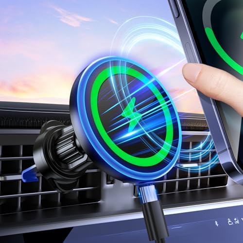 Revolutionary Mag Safe Wireless Car Charger with LED RGB Lighting – 3-in-1 Magnetic Phone Holder for i Phone 12 through 16 Series – Fast Charging, Enhanced Security, and Stylish Design for Safe Hands-Free Driving – Perfect Gift for Tech Enthusiasts and Daily Commuters