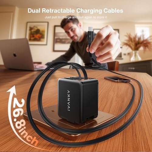 i VANKY 84 W Retractable Wall Charger – 4-Port USB Power Adapter with Dual Cables for Fast Charging – Compact Travel Solution for i Phone 16/15, i Pad, Samsung – Smart Charging Hub for Home and Office Efficiency