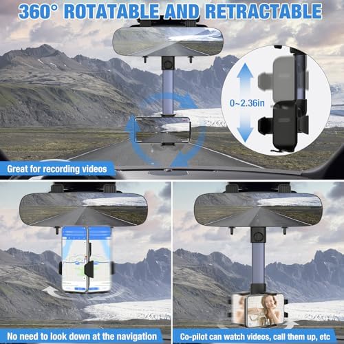 Revolutionary Rear View Mirror Phone Holder for Enhanced Driving Safety – Universal Car Phone Mount with Panoramic View, 360° Rotatable & Retractable Design for All 4”-7” Smartphones – Effortless Installation & Distraction-Free Navigation