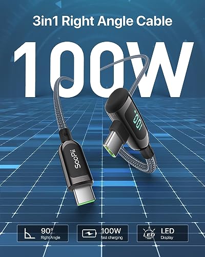 SOOPII 100 W Fast Charging Right Angle USB C to USB C Cable – 6.6 FT Zinc Alloy Braided with LED Display for Enhanced Performance, Compatible with i Phone 16/15, i Pad Air/Pro, Mac Book Pro, Samsung Galaxy S23/S22/S10, Google Pixel & LG Smartphones – Ideal for Gaming & Multitasking