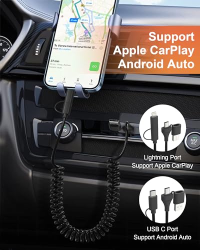 Revolutionary 4-in-1 Coiled Charging Cable: USB, USB-C & Lightning Combo for Seamless Apple Car Play & Android Auto Compatibility – 5 FT, 60 W Fast Charging Multi-Device Cord for i Phone, Samsung, i Pad, Mac Book – Tangle-Free Travel Solution