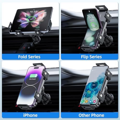 OATSBASF 15 W Qi Wireless Car Charger with Auto Clamping, Air Vent Phone Mount – Fast Charging Compatibility for i Phone 16/15/14/13 & Samsung Galaxy Z Fold 6/5/4 – Effortless Touch Rotation & Secure Hold for Ultimate Driving Convenience