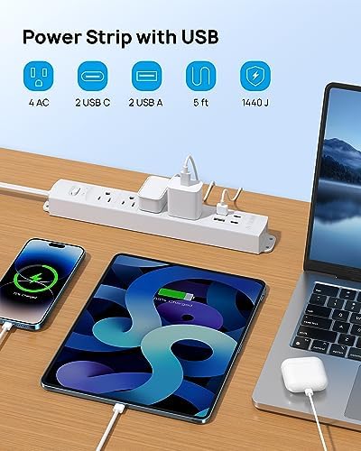 Ultra-Slim TROND Surge Protector Power Strip with 3 USB Ports & Type C – 4 AC Outlets for Maximum Device Protection & Charging Speed – 1440 J Surge Defense, ETL Listed, Space-Saving Wall Mount Design for Home Office & Dorm Use – Versatile Power Management Solution in Elegant Black