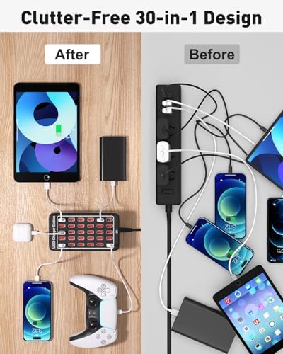 High-Speed 30-Port USB Charging Station – 150 W/30 A Multi-Device Rapid Charger with Smart Detect Technology for Efficient Charging of Smartphones, Tablets, and More – Ideal Travel and Desktop Solution for Busy Professionals and Families