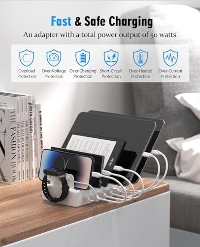 Ultra-Fast 6-Port USB Charging Hub – 2025 Edition with Smartwatch Dock, 50 W Multi-Device Organizer for i Phone, Android, i Pad, Kindle & Tablets – Compact, Safe Power Station for Efficient Charging and Clutter-Free Living
