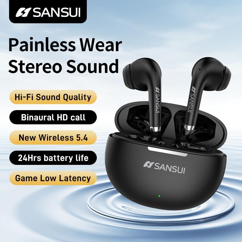 SANSUI W6 True Wireless Earbuds – Cutting-Edge 5.4 Bluetooth Technology with Ultra-Low Latency for Gaming, Immersive Hi-Fi Stereo Sound via 13 MM Drivers, 13 Hours Playtime in Stylish White Charging Case – Ideal for Audiophiles and Competitive Gamers Alike