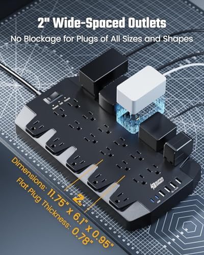 SUPERDANNY 22-Outlet Surge Protector Power Strip with 6.5 Ft Cord, 2 USB-C & 4 USB Ports – High-Capacity 1875 W/15 A with 2100 J Surge Protection for Home, Office, and Dorm Use – Wall Mount Design for Space-Saving Convenience