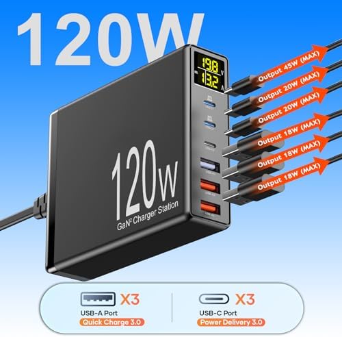 High-Power 120 W Multi-Port Desktop Charging Station with PD66 W Fast Charging – Versatile USB-C Connectivity for Mac Book, i Pad, i Phone 15/14/13/12, and More – Sleek Black Design for Home and Office Efficiency