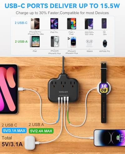 Stylish Brown Travel Power Strip with 5 Ft Cord – Compact Extension Solution Featuring 3 AC Outlets & 4 USB Ports (2 USB-C) for Rapid Charging – Ideal Desk Accessory for Tan Wood and Walnut Grain Décor – Maximize Functionality & Aesthetics in Any Space