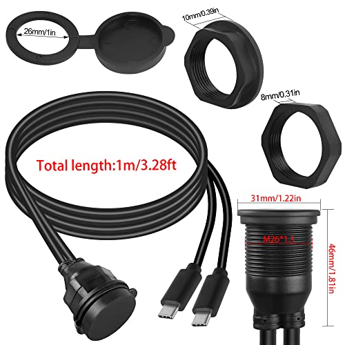 QIANRENON Waterproof Dual USB C 2.0 Threaded Flush Mount Extension Cable – 1 m (3.3 ft) Male to Female Connector for Cars, Boats, Trucks, and Motorcycles – Reliable Charging and Data Transfer Solution for Outdoor Adventures
