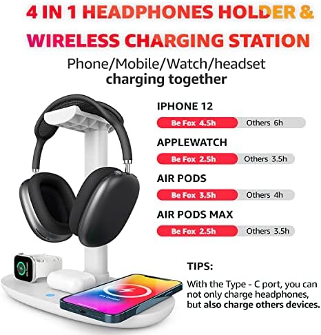 Sleek 4-in-1 Wireless Charging Headphone Stand – Universal Dock for i Phone, Apple Watch, Air Pods, and All Headphone Sizes – Fast Charging Hub for Samsung Galaxy, LG, Huawei – Elegant White Desk Organizer for Tech Enthusiasts