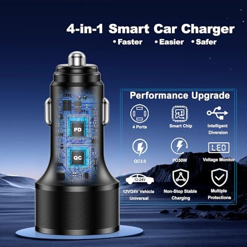 High-Power 65 W USB C Car Charger with 4 Fast Charging Ports, PD30 W Capability, Digital Voltage Display & 2 USB Cables – Ultimate Compatibility for i Phone 16/15/14/13, Samsung Galaxy S25/S24/S23, i Pads & More – Efficient On-the-Go Charging Solution