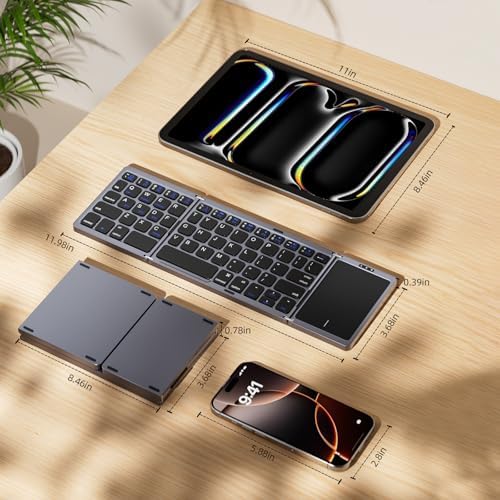 Ultra-Slim Foldable Bluetooth Keyboard with Touchpad – Portable Wireless Keyboard for Travel, Multi-Device Compatibility with Android, Windows, i OS – Lightweight Pocket-Sized Design with Built-in Stand for Effortless Typing on the Go