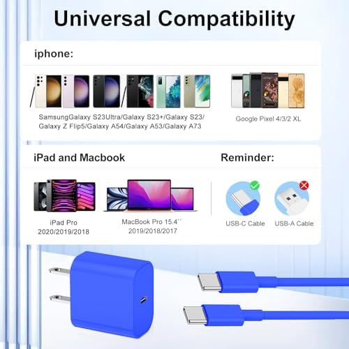Ultimate 20 W Fast Charging Solution: 10 Ft i Phone 15 Charger with 3 Durable USB-C Cables & Dual Wall Adapters – Compatible with i Phone 15/15 Pro/Pro Max, i Pad Pro, Air Pods, and Samsung Devices for Rapid Power-Up and On-the-Go Convenience