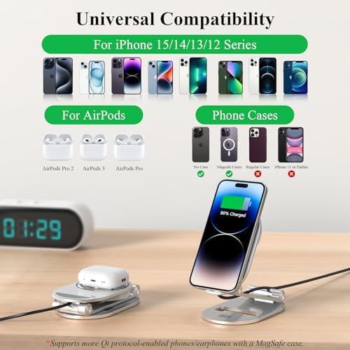 Minthouz Foldable Mag Safe Wireless Charging Stand – Adjustable 20 W Magnetic Charger for i Phone 16/15/14/13/12 Pro/Max/Plus & Air Pods 3/Pro 2 – Rapid Charging, Enhanced Compatibility, Travel-Friendly Design – Elevate Your Tech Experience