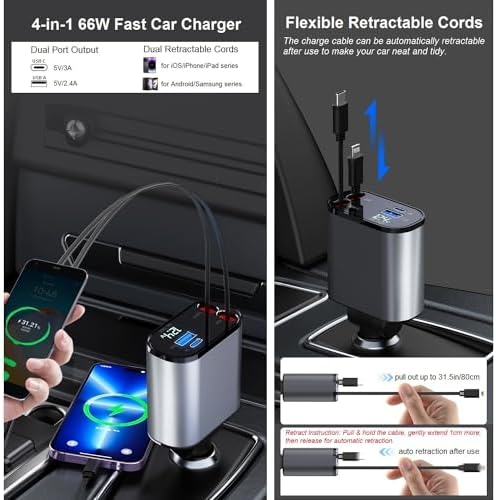 Ultimate 4-in-1 Retractable Car Charger – Fast 66 W USB C & Lightning Adapter for i Phone 15/14/13/12 Pro Max, Galaxy S24/S23, Pixel & Tablets – Compact, Durable Multi-Device Charging Solution for Road Trips and Daily Commutes