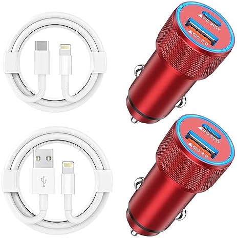 High-Performance i Phone Car Charger – Dual-Port 38 W USB-C & QC3.0 Fast Charging Adapter with 2 Lightning Cables, MFi Certified for i Phone 14, 13 Pro Max, 12, 11, X – Sleek Grey Design for Enhanced Compatibility and Efficiency on the Road