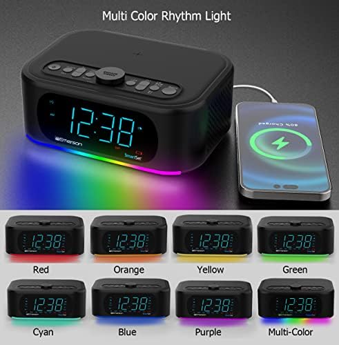 Elevate Your Morning Routine with the Emerson ER100202 Smartset Dual Alarm Clock Radio – Bluetooth-Enabled, USB Charging Port, and Qi Wireless Charger for Effortless Device Power – Stylish and Functional Addition to Your Bedside or Office Setup