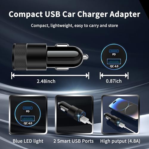 Dual-Port 48 W Fast USB C Car Charger for i Phone 15/16 & Samsung Galaxy – Universal Compatibility & Enhanced Safety Features for Rapid Device Charging on the Go – Compact Cigarette Lighter Adapter for All USB-C Gadgets and Accessories