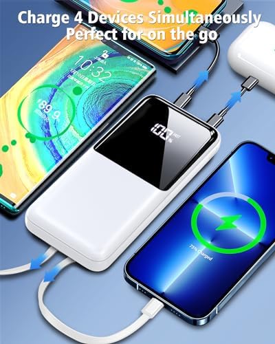 High-Capacity 20,000 m Ah Portable Power Bank – Ultra-Fast Charging Battery Pack with Built-In USB-C and i OS Cables for i Phone, Android, and Samsung Devices – Ideal Travel Companion for Uninterrupted Connectivity – Durable and Lightweight Design (1 Pack, White)