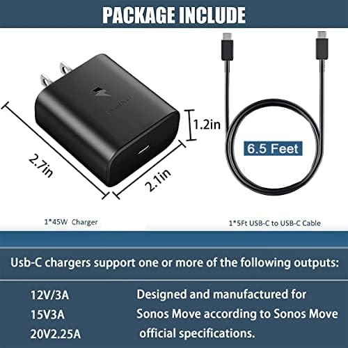 Power Up Your Sonos Move: 45 W USB Type C Charger with 6.5 Ft Cable – Rapid Charging Travel Adapter for Bluetooth Speaker Compatibility and Performance Enhancement