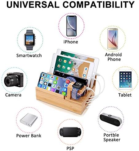 Eco-Friendly 5-Port USB Charging Station Organizer – Fast Charging Bamboo Dock for Multiple Devices, Compatible with Apple Watch, Samsung Phones & Tablets – Sleek, Space-Saving Design for Home and Office Use