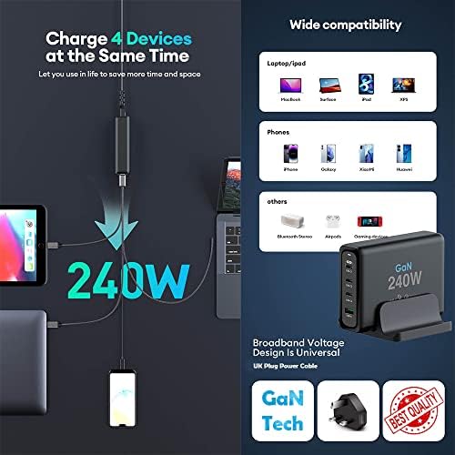 PTech 240 W Ga N USB-C Power Hub: High-Efficiency Dual Output Adapter for Rapid Charging of Laptops and Smartphones – Includes 100 W Fast Charging Cable for Ultimate Convenience on the Go