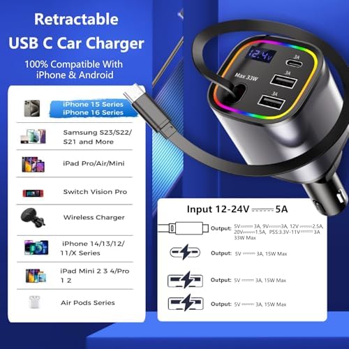 Ultimate AGEMANY 4-in-1 Retractable Car Charger: 78 W Fast Charging USB C Adapter for i Phone 16/15/14/13/12 & Android Devices, Stylish Cigarette Lighter Accessory with RGB Illumination – Perfect Gift for Tech-Savvy Drivers