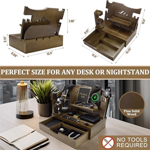 Nightstand Organizer for Men with Large Drawer, Birthday Gifts for Men, Phone Docking Station, Bedside Organizer for Nightstand for Apple Watch, Laptop (Brown, Solid Wood) – Enhanced Compatibility and Speed