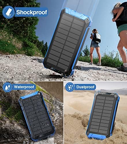 GOODaaa 36,000 m Ah Solar Wireless Power Bank with Built-in 4 Cables, Fast 15 W Charging, 6 Outputs & Dual Flashlights – Ultimate Portable Charger for All Devices with Carabiner for Easy Carrying