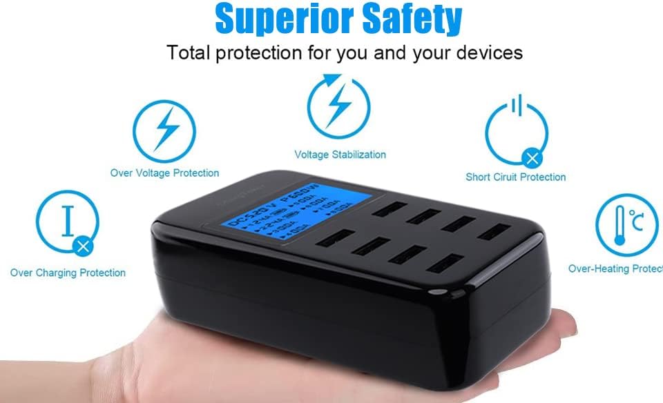 Efficient 60 W 8-Port USB Charging Hub with LCD Display – Rapid Multi-Device Charging Station for i Phone 14/14 Pro/13 Pro Max, Galaxy, i Pad & More – Smart Power Management for Home and Office Use