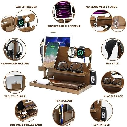 Wooden Phone Docking Station for Men – Nightstand Organizer with Key Holder, Wallet Stand, Watch Organizer and Headphone Holder – Anniversary Birthday Mens Gifts Idea for Dad Husband Boyfriend Uncle – Enhanced Compatibility and Speed