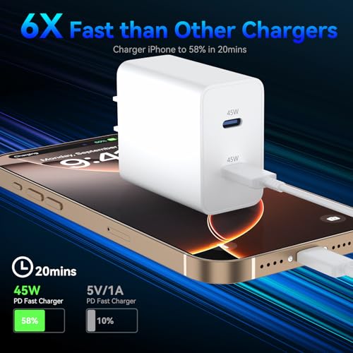 High-Speed 45 W USB-C Wall Charger for i Phone 16 Pro Max – Includes 6 FT Long Charging Cable for Ultimate Flexibility and Rapid Power Boost – Perfect for i Phone 16 Series & Samsung S24 – Compact Design with Advanced Safety Features