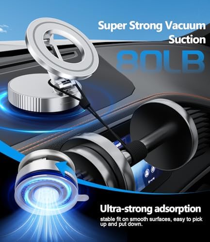 CloudValley Magnetic Car Phone Holder – Vacuum Suction Cup Phone Mount 360° Adjustable, Durable Metal Stand for iPhone & Android, Portable Magnetic Holder for Dashboard/Windshield/Gym Mirror (Silver) – Enhanced Compatibility and Speed