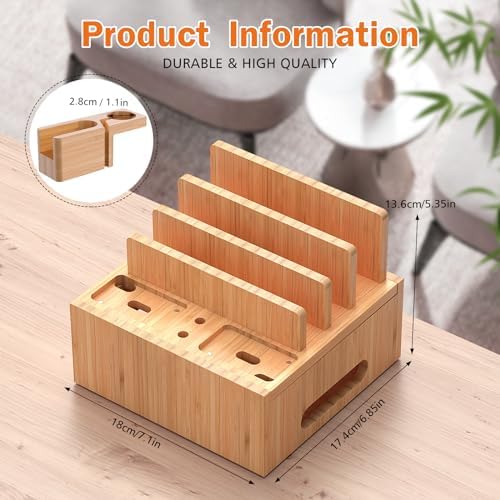 Eco-Friendly Bamboo Multi-Device Charging Hub: Efficient Organizer with Rapid Charge Technology and 5 Premium Cables for Phones, Tablets, Earbuds & Smartwatches – Elegant Power Station for Home & Office Efficiency