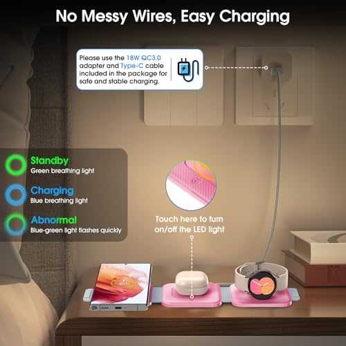 Ultra-Compact 3-in-1 Wireless Charging Station for Samsung Devices – Foldable Travel Charger Pad for S25, S24, S23 Ultra, Z Flip, and Fold 6; Fast Wireless Charger for Galaxy Watch 7/6 and Buds 3 Pro – Sleek, Portable Design for On-the-Go Power Solutions