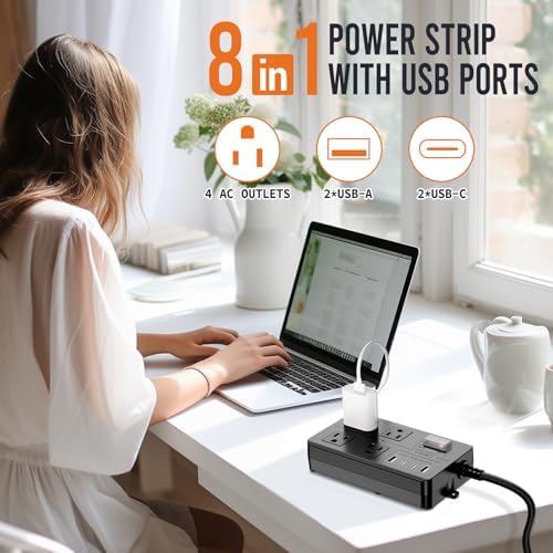 VNJ Outdoor Power Strip: 8 AC Outlets & 4 Fast USB Ports, IPX6 Waterproof Surge Protector with Safety Lock for Secure Connections, ETL-Certified 15 FT Extension Cord – Ideal for Home, Garden, and Commercial Applications
