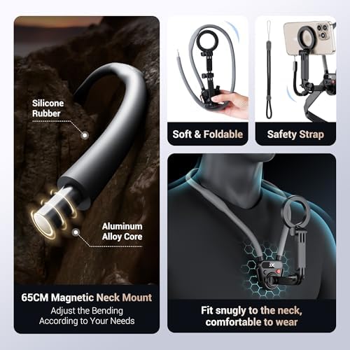Versatile Magnetic Neck Mount for i Phone & Action Cameras – Hands-Free POV/Vlog Selfie Holder with Adjustable Arms for Ultimate Stability and Comfort – Ideal for Creators on the Go – Perfect for i Phone 16, 15, 14 Series & Android Devices – Capture Stunning Shots Effortlessly
