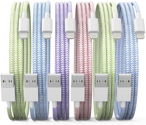 Apple MFi Certified 6 Pack Nylon Braided Lightning Cables – Fast Charging in Stylish Pastel Colors, Versatile Lengths (3 FT, 6 FT, 10 FT) for i Phone 14 Pro, 13 Mini, 12, 11 Pro Max, XR, XS, 8, 7, Plus, 6 S – Enhanced Durability & Quick Data Transfer