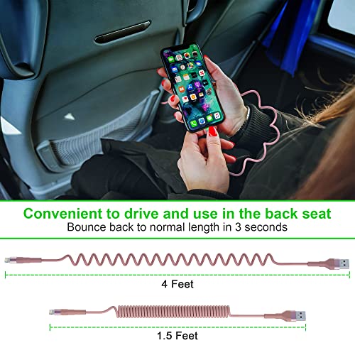 Dynamic Pink Coiled i Phone Lightning Cable – MFi Certified, Fast Data Sync & Charge for Apple Car Play – Short, Tangle-Free Design for Effortless Car Use – Premium Compatibility & Stylish Accessory for On-the-Go Devices