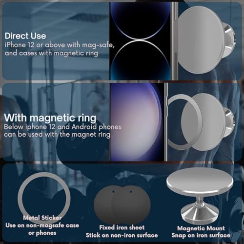 Sleek Silver Gym Magnetic Phone Holder – Dual Magnet Technology for Unmatched Grip, 360° Rotatable Design for Optimal Viewing Angles, Effortless Attachment to Metal Surfaces, Compatible with i Phone 12/13/14/15/16, Samsung & All Mag Safe Smartphones – Ultimate Portable Phone Mount for Distraction-Free Workouts