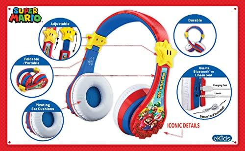 Super Mario Kids Bluetooth Over-Ear Headphones – Safe Volume-Limiting Sound for Young Ears, Adjustable Fit for Growing Kids, Rechargeable with Integrated Microphone for Learning and Travel Fun