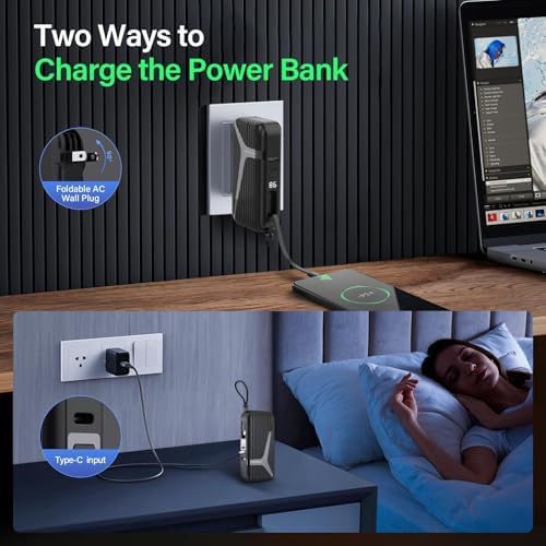 Compact 27 W Fast Charging Power Bank with Built-in Cables – 10,000 m Ah Portable Charger for i Phone & Android – Effortless Multi-Device Charging with 4 Outputs & 2 Inputs – Essential Travel Battery Pack for i Phone 16/15/14 and Newer – Durable Design for On-the-Go Energy Solutions