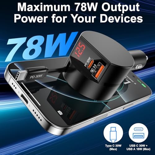 Dual-Port Retractable Car Charger Bundle – 3-in-1 Fast Charging Solution for i Phone 16/15 Pro Max, Samsung Galaxy, i Pad, and Pixel – Tangle-Free USB-C and USB-A Adapter for Ultimate Convenience on the Road