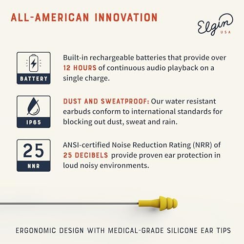 Elgin Ruckus OSHA Compliant Wireless Bluetooth Earplug Headphones – Advanced Noise Cancelling Earbuds with 25 d B Hearing Protection, 12-Hour Battery Life, and IP65 Sweatproof Design for Professionals – Superior Audio Clarity and Communication for Workplace Safety and Outdoor Adventures