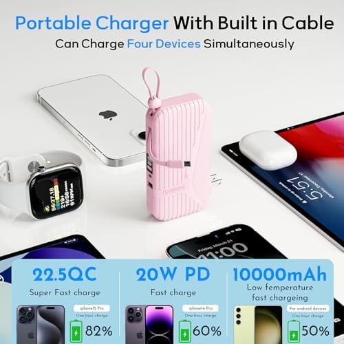 Compact 27 W Fast Charging Power Bank with Built-in Cables – 10,000 m Ah Portable Charger for i Phone & Android – Effortless Multi-Device Charging with 4 Outputs & 2 Inputs – Essential Travel Battery Pack for i Phone 16/15/14 and Newer – Durable Design for On-the-Go Energy Solutions